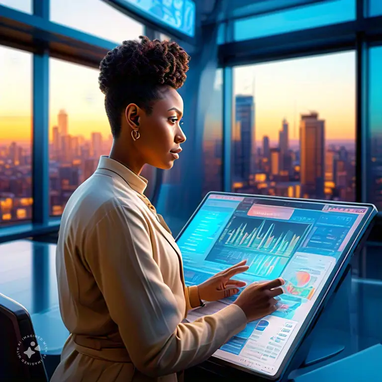 A person confidently interacting with a futuristic AI interface, with personalized financial data and educational resources displayed on the screen. The background showcases a vibrant cityscape