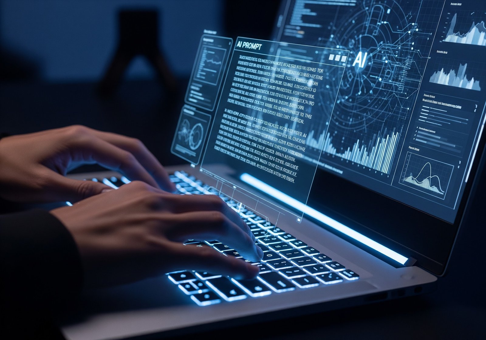 a close-up shot of a person's hand typing a detailed, long prompt into a futuristic-looking AI interface on a laptop
