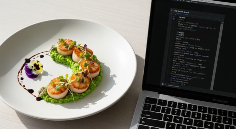 a high-angle shot of a meticulously plated, gourmet meal next to a laptop displaying a complex AI prompt on the screen