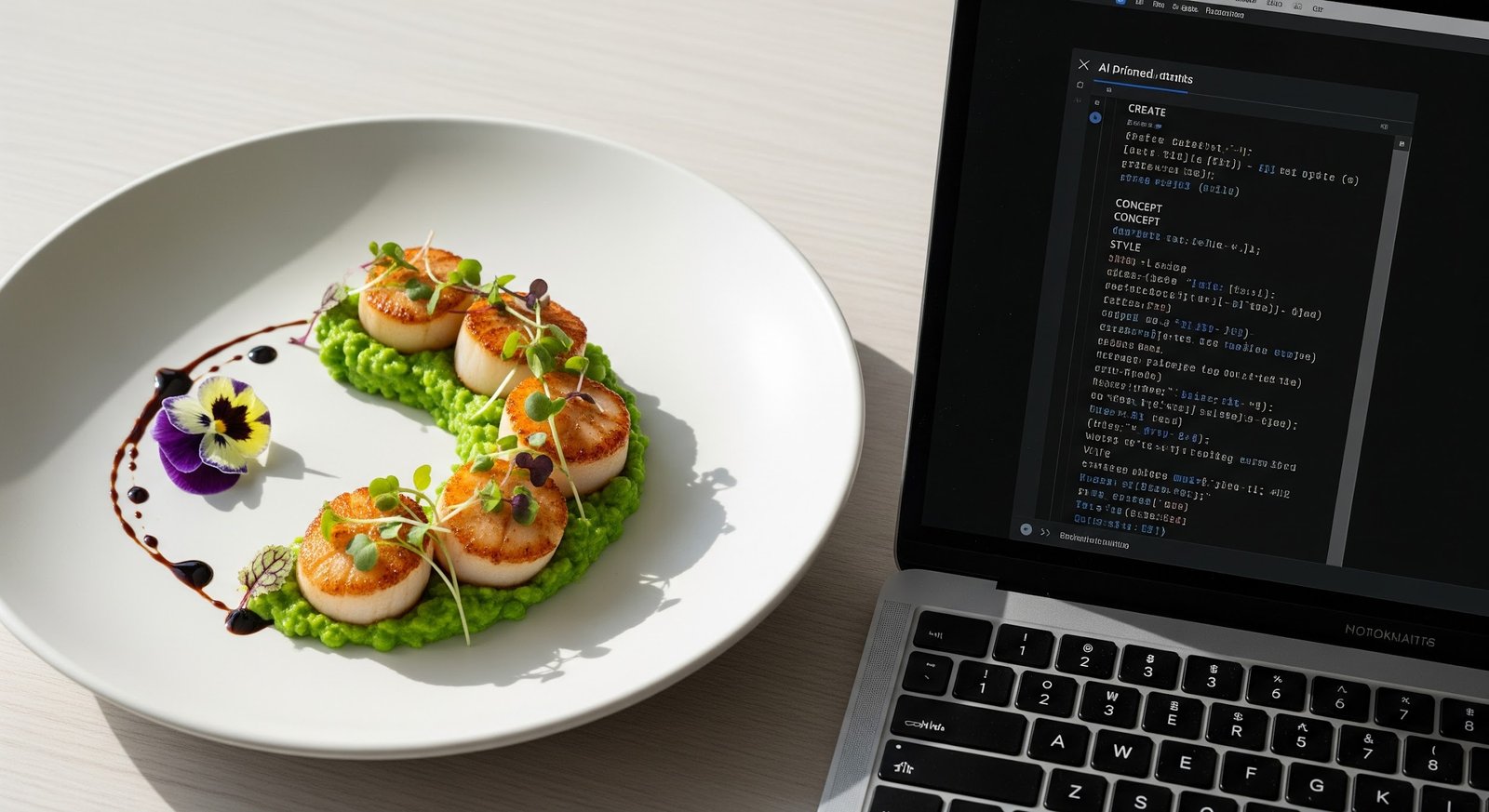 a high-angle shot of a meticulously plated, gourmet meal next to a laptop displaying a complex AI prompt on the screen