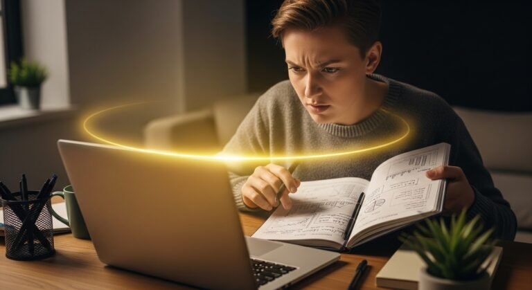 A person, slightly stressed but determined, looking at a laptop and a notebook with financial notes, surrounded by a subtle, motivating glow.