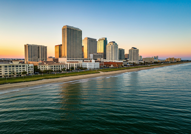 Image of the Hampton Roads skyline at sunset, showcasing the diverse landscape and economic opportunities of the region.